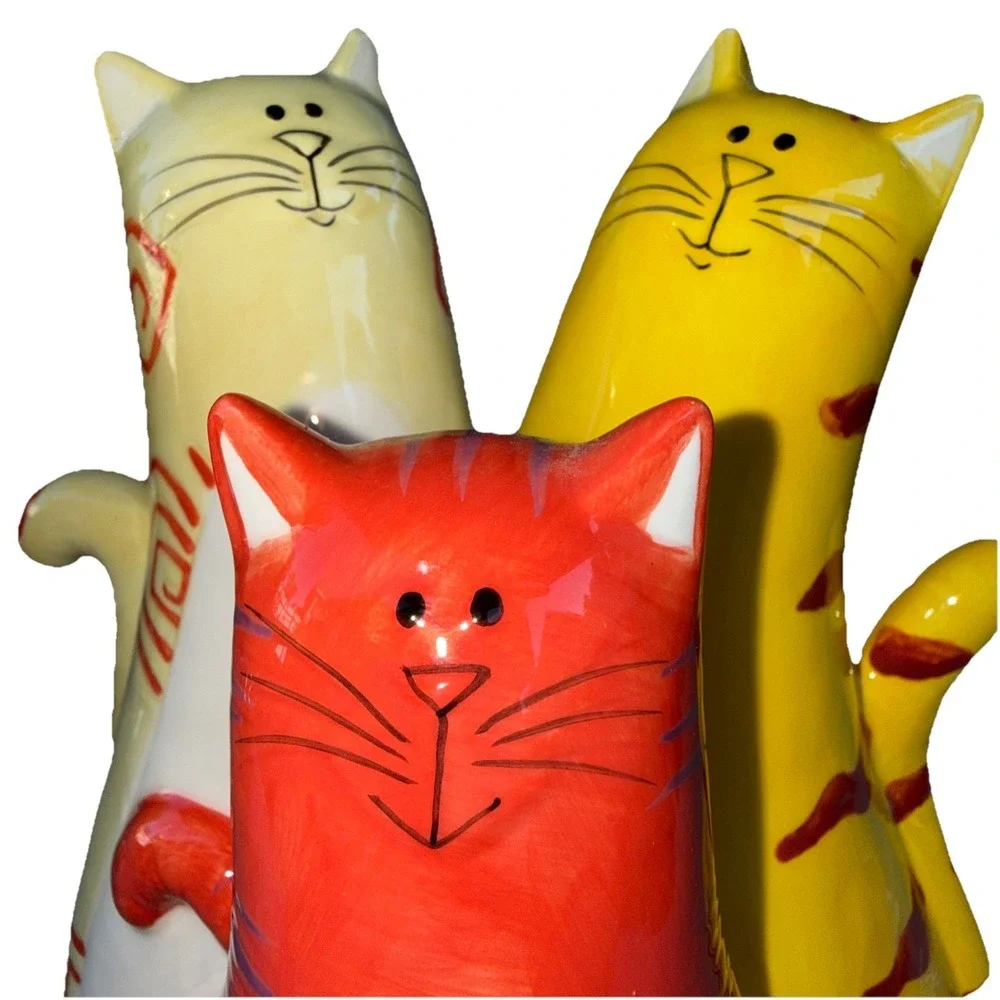 Bella Casa Whimsical Triple Cat Figurine Colorful Handpainted 9